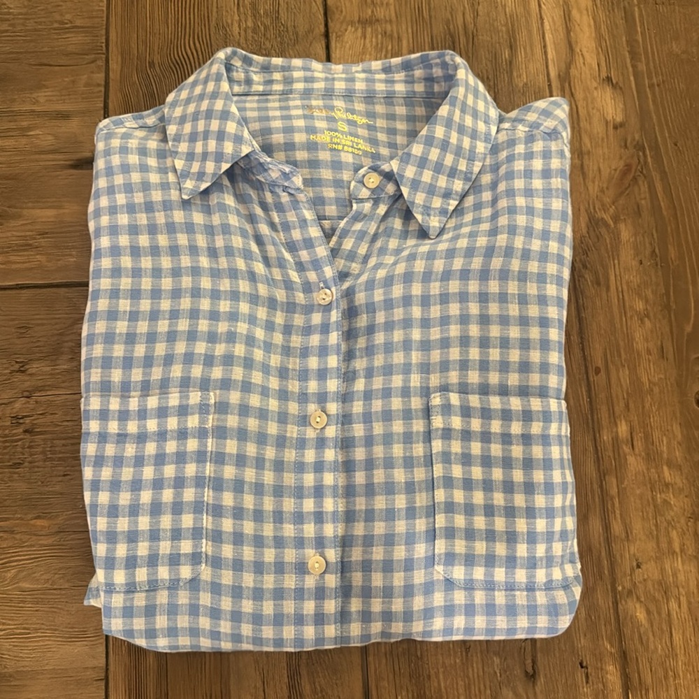 Lilly Pulitzer Blue Gingham Linen Button Down Shirt Small - Picture 4 of 6